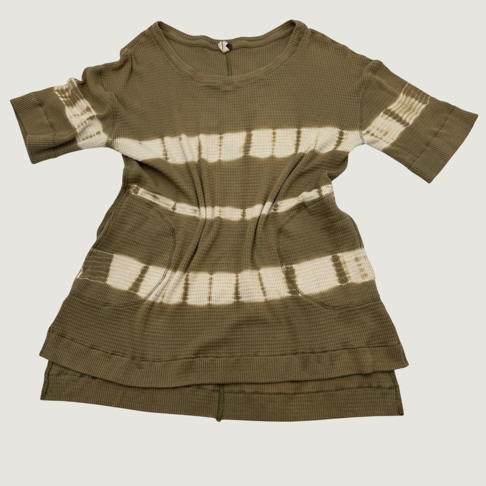 We The Free Free People Olive Green Tie Dye Waffle Knit Thermal Pocket Top O/S